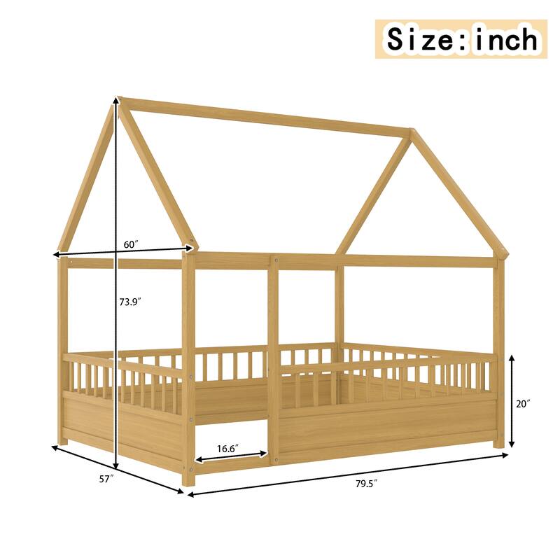 Natural Wooden Montessori Toddler Bed Floor House Bed Frame with Safety High Fence, Open Entran and Roof Design