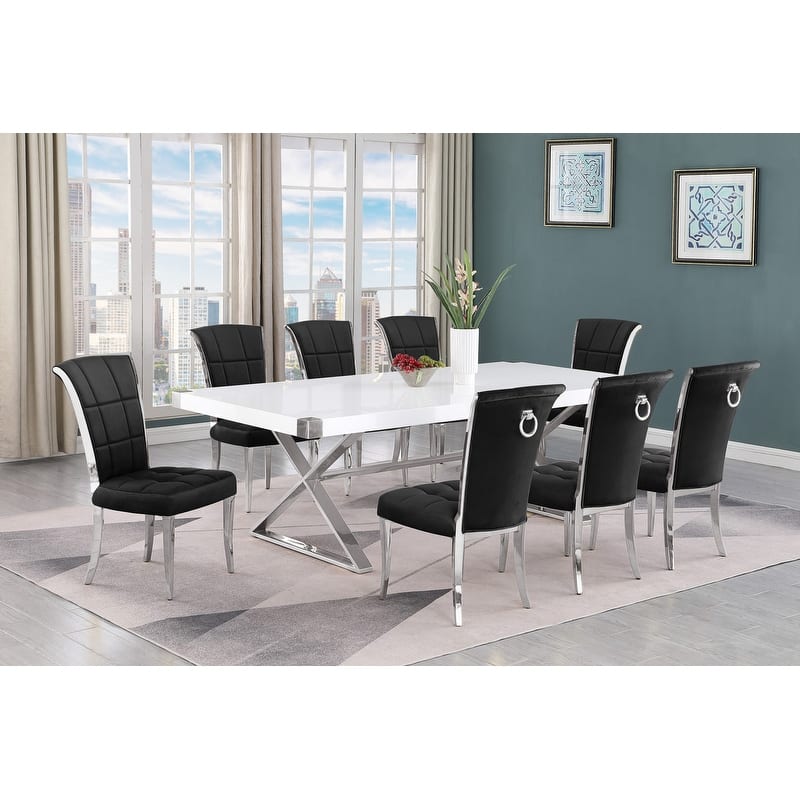 Best Quality Furniture D442/3-SC320-7 Dining Set with 94" White Lacquer Wood Top - 9-Piece - Black / Silver