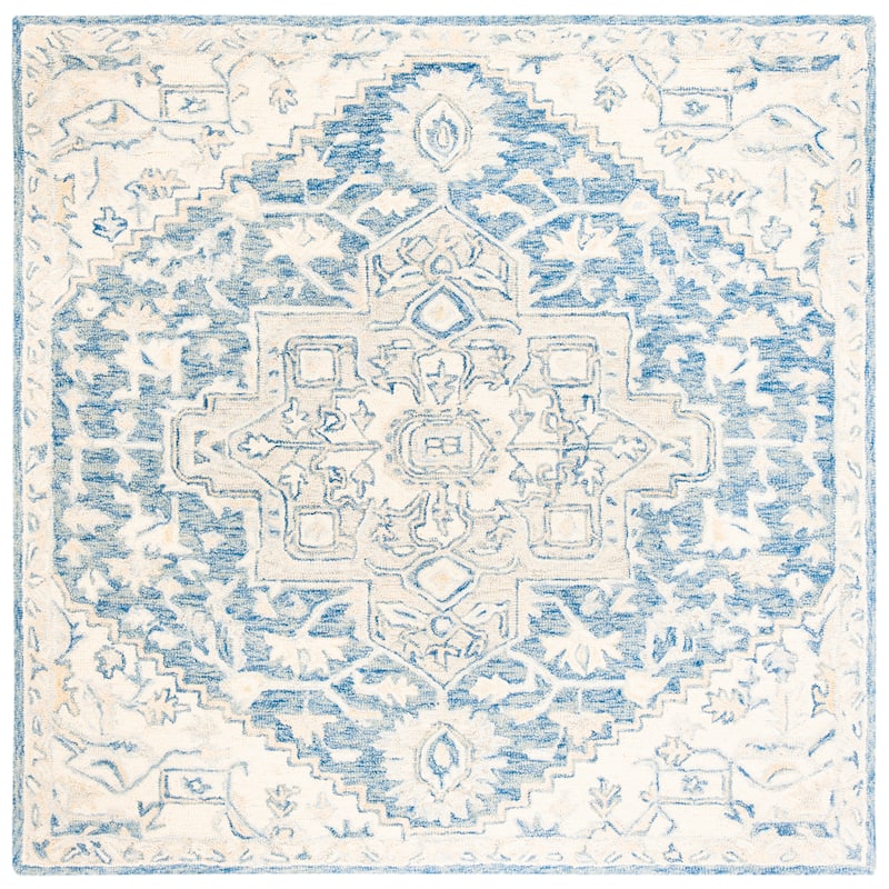 SAFAVIEH Handmade Micro-Loop Gulseven Medallion Wool Rug - 7' Square - Blue/Ivory