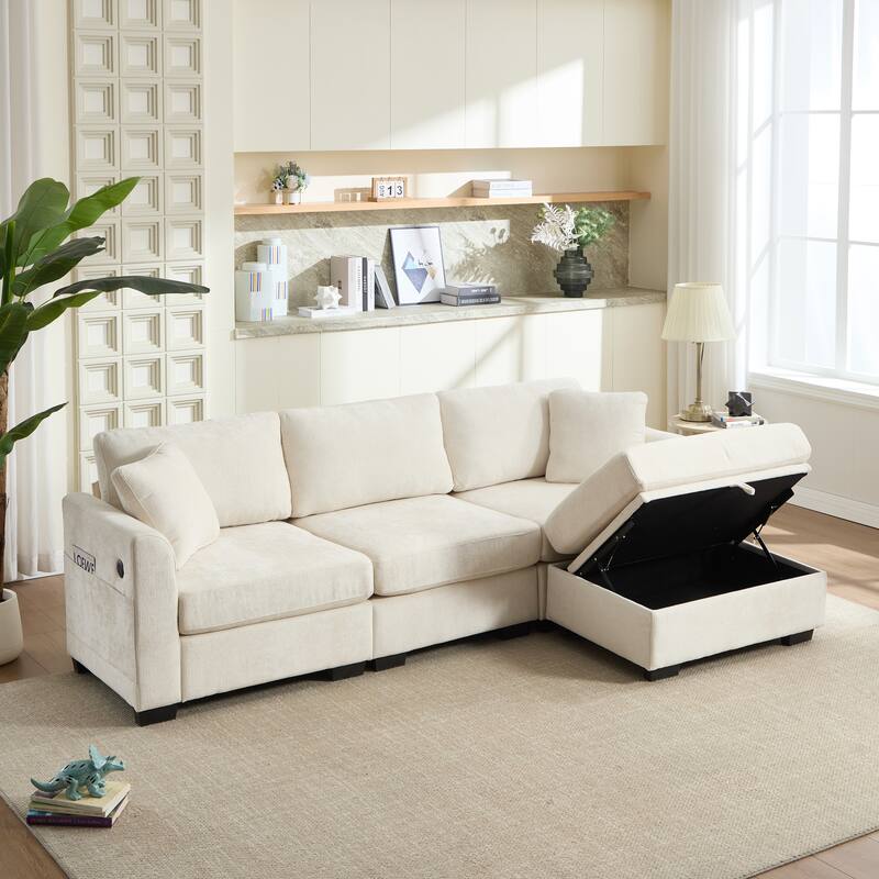 L-Shaped Modular Sectional Sofa with Storage Ottoman, 97" Chenille Corner Couch with USB Ports, Side Pockets