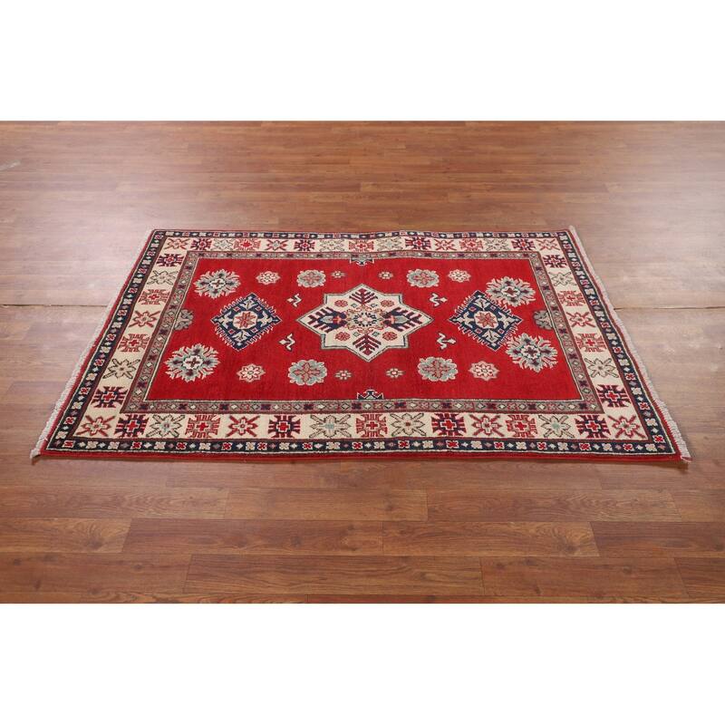 Kazak Accent Rug Hand-Knotted Red Geometric Wool Carpet - 3'4" x 5'0"
