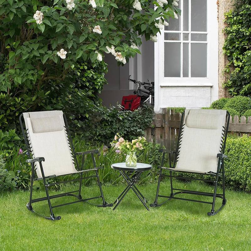 Folding Rocking Patio Set, 2 Armrest Chairs, Tempered Glass Side Table