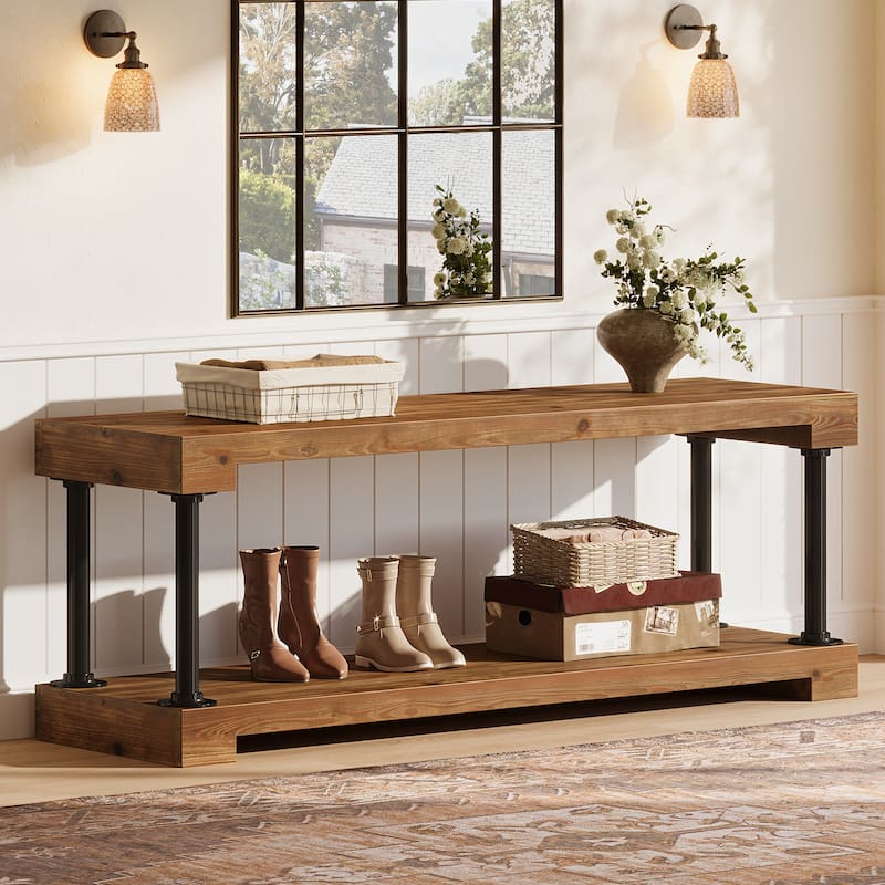 63" Solid Wood Entryway Bench, Industrial Storage Bench with Shelf - Brown