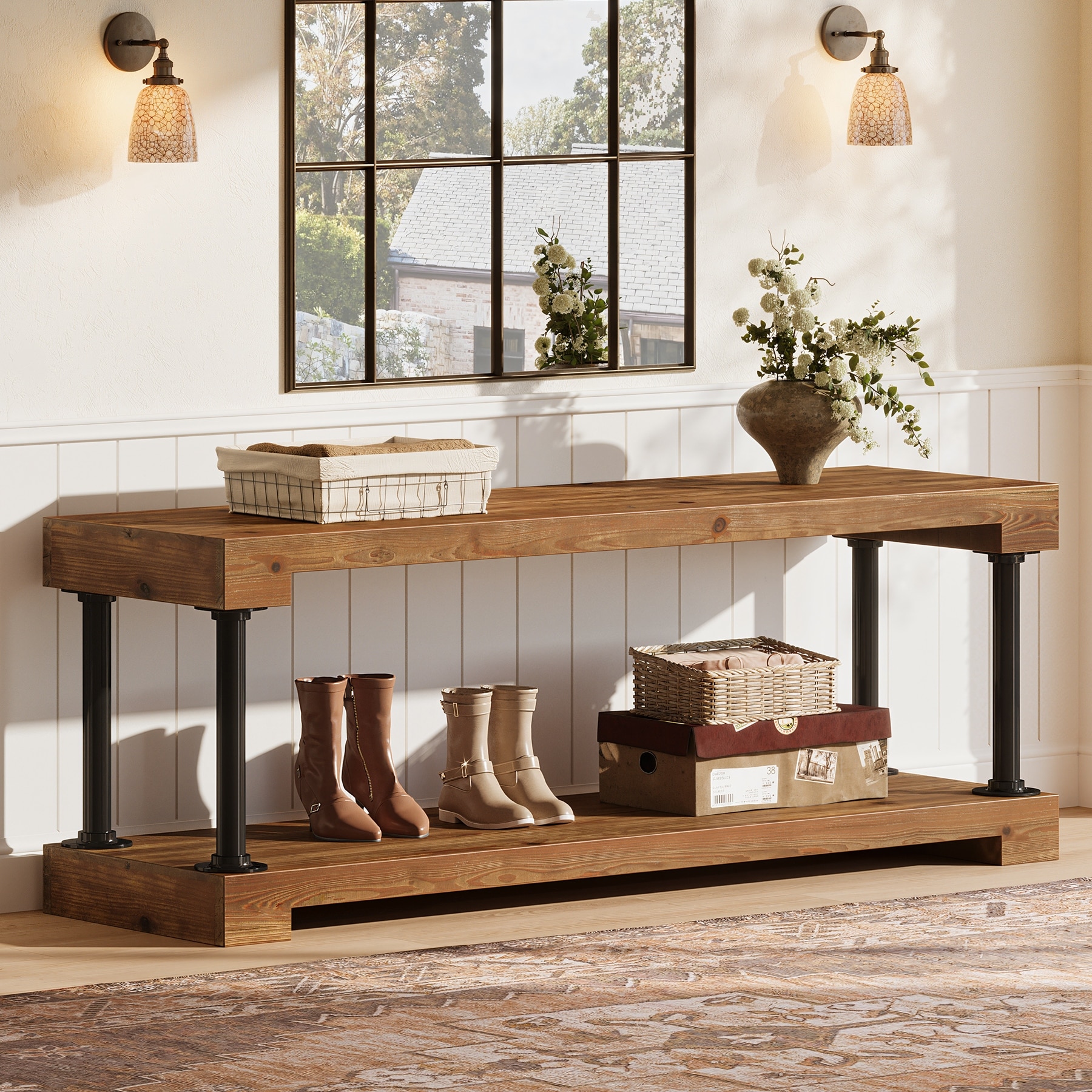 63" Solid Wood Entryway Bench, Industrial Storage Bench with Shelf
