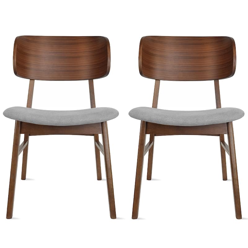Set of 2 Retro Brown Wood Leg Dining Room Chair With Curved Back Fabric Cushions Upholstered Seat - Gray