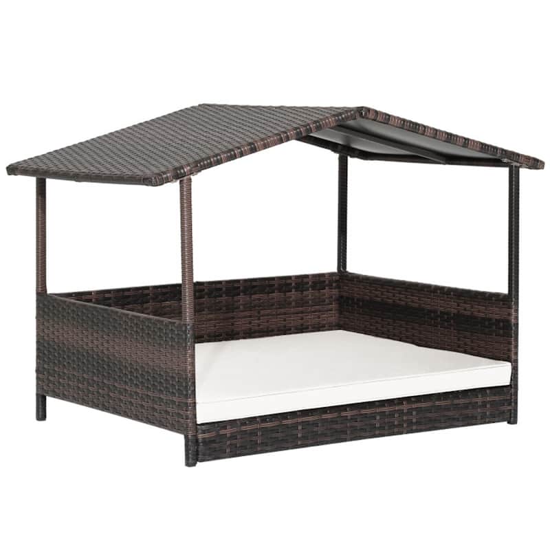 Dog House Outdoor With Canopy, Rattan Dog Bed With Water-Resistant Cushion - 38.5" x 27" x 28.5"