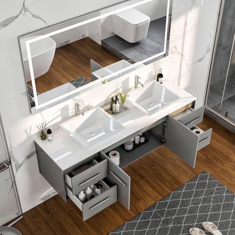 Eviva Wave 60" Gray DS Bath Vanity with Quartz Top & Vessel Sinks
