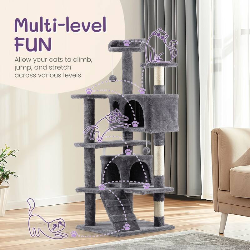 53 Inch Multi-Level Cat Tree Cat Condo with Scratching Posts Dark Grey