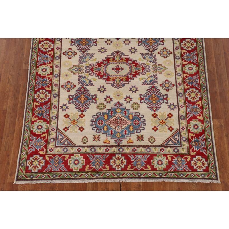 Beige Geometric Kazak Oriental Area Rug Hand-Knotted Wool Carpet - 5'1" x 6'6"