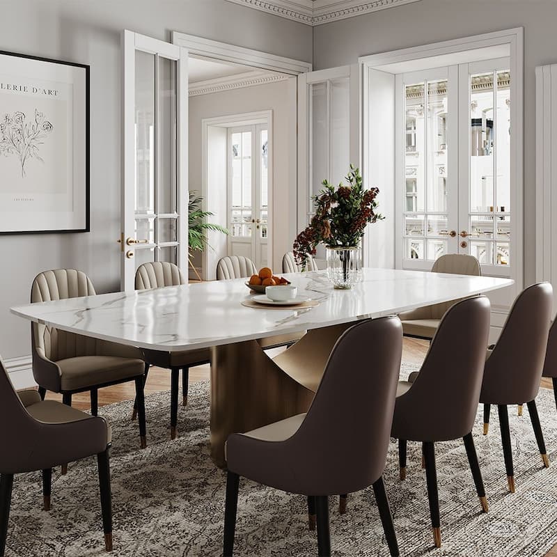 Modern Dining Table with Rectangular Sintered Stone Tabletop, Carbon Steel Leg, Minimalist Kitchen Dining Room Table