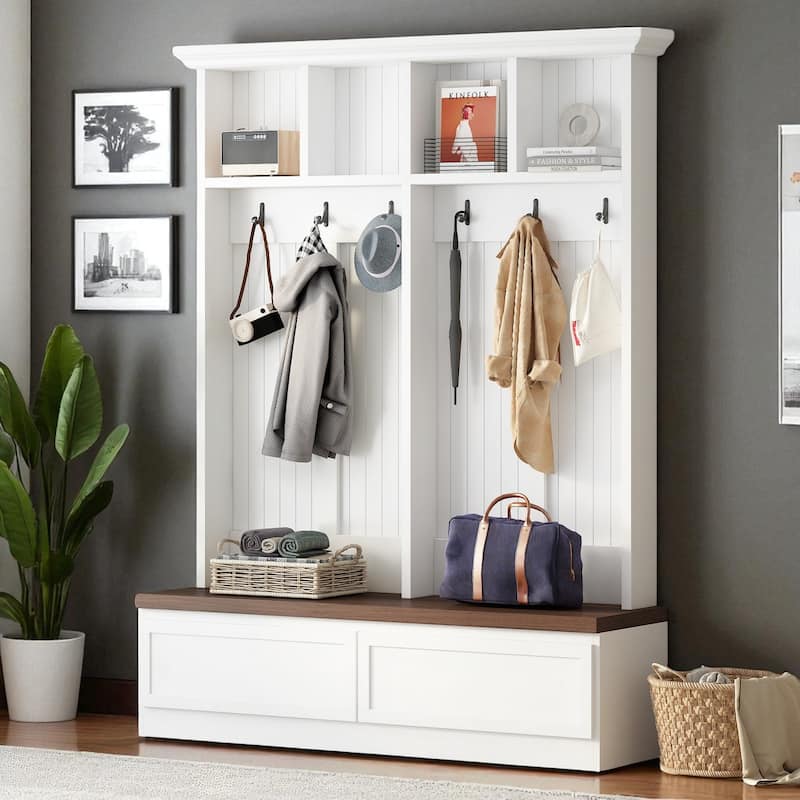 Farmhouse 4-in-1 Hall Tree with Wood Grain Bench, 2 Drawers, 6 Hooks, Entryway Organizer, 55.9 in Wide - White