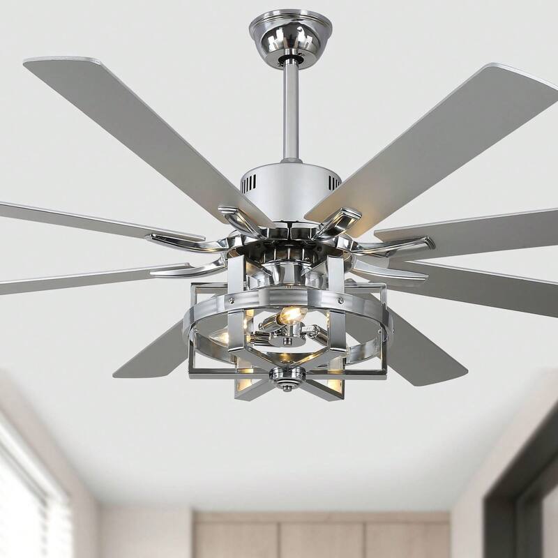 Cusp Barn 65in. Industrial Large Caged Ceiling Fan with Light, Quiet DC Motor 6-speed Reversible 8-Blade Ceiling Fan for Bedroom - Chrome