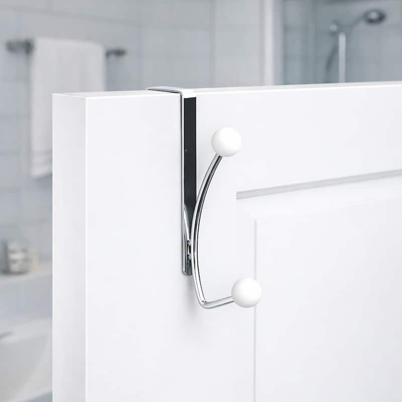 Over The Door Hook Rack with 2 Ball Ends - 0.8 L x 4 W x 7.5 H - Chrome/White