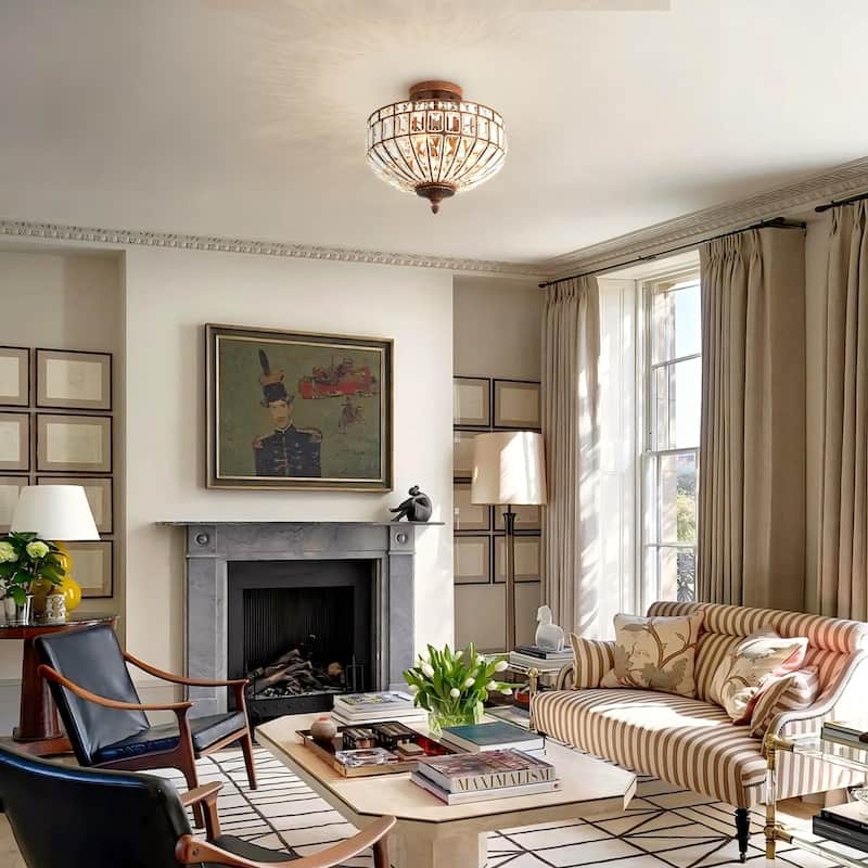 15.6" 3-Light Retro Rust-Colored Bowl Shaped Faceted Clear Crystal Semi-Flush Mount Ceiling Light for Bedroom, Kitchen