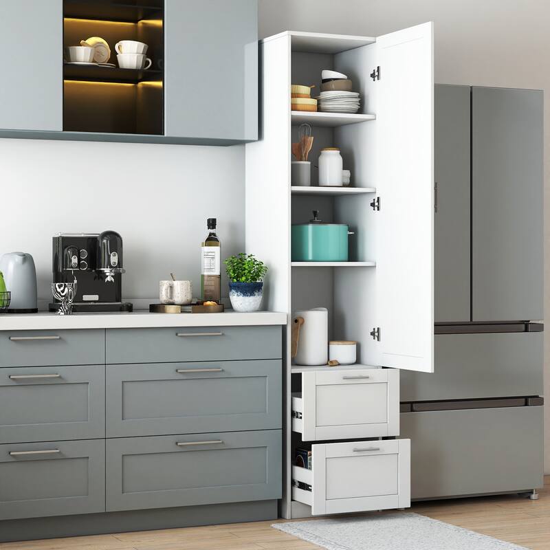 Standard Kitchen Pantry, Tall Cabinet, Freestanding Cabinet With One Door And Two Drawers For Kitchen, Dining Room, White