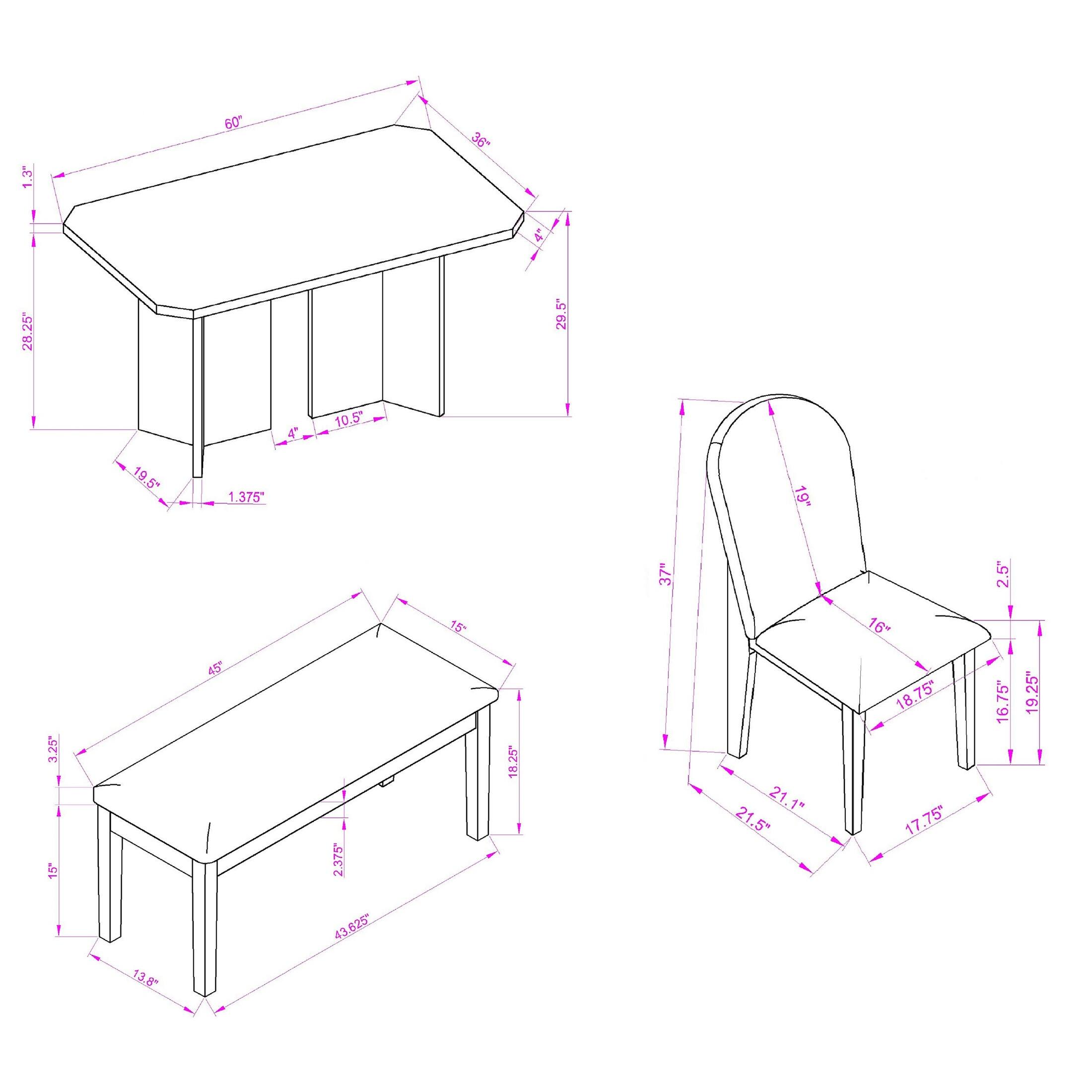 Black White Solid Wood & MDF 6 Piece Dining Table and Chair Set Bed