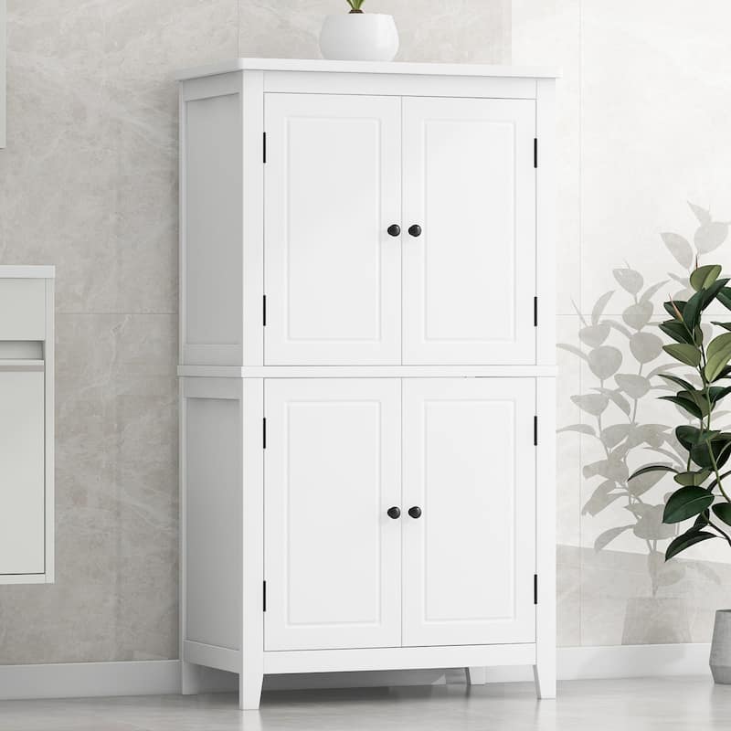 Floor Storage Cabinet, Bathroom Freestanding Cabinet with 4 Doors, Door Racks and Adjustable Shelves - Anti-tipping Device