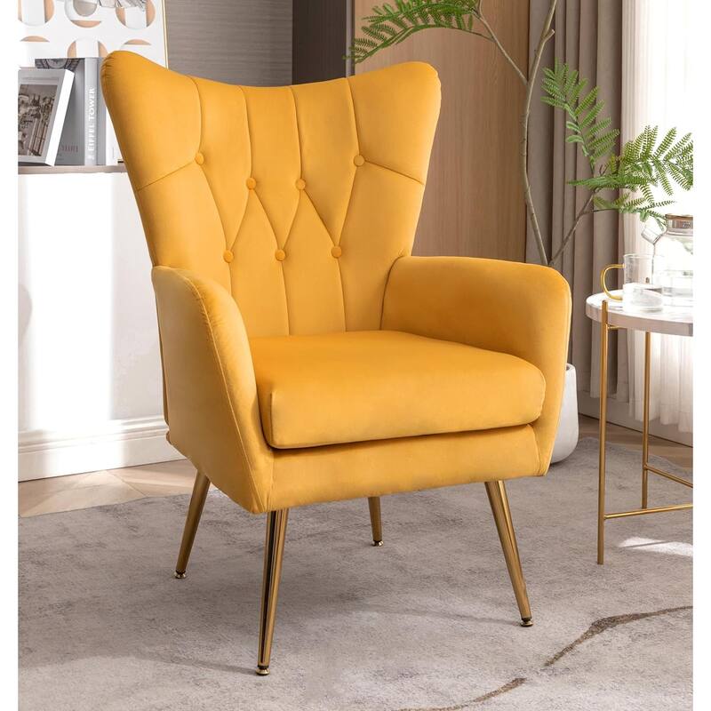 Modern Chic Mid-Century Velvet Accent Armchair Button-Tufted Wingback Design with Gold Flared Legs