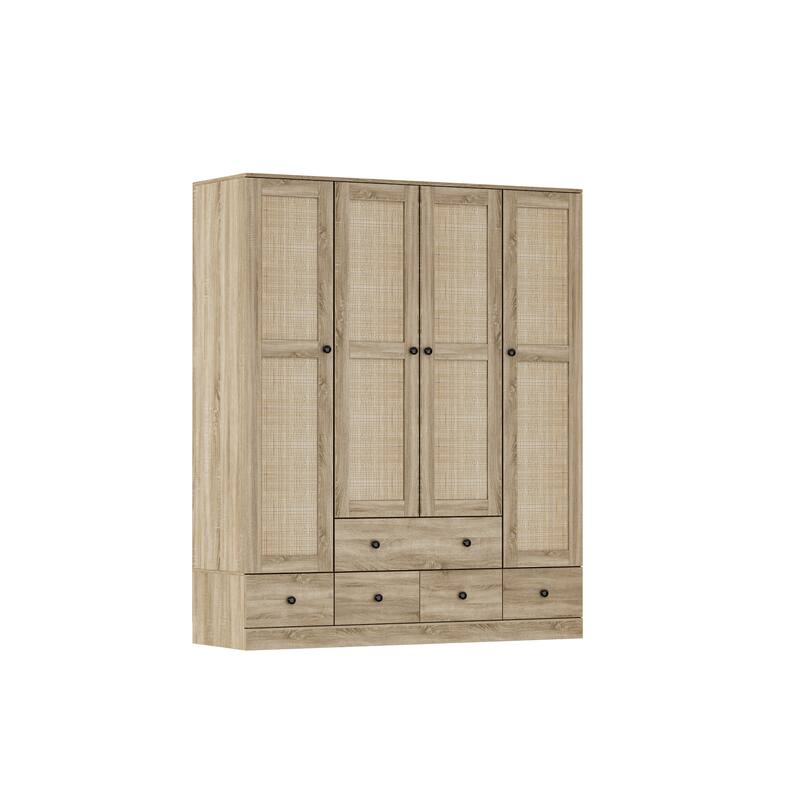 Large Storage Wardrobe Versatile Rattan Door Closet with Deep Drawers