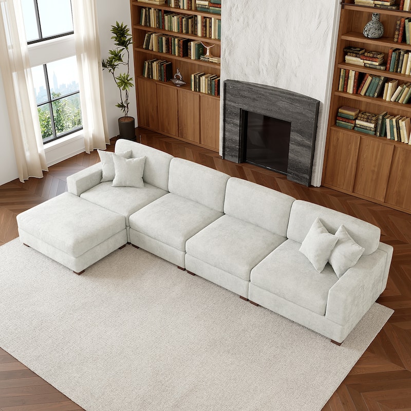 Oversized Chenille Modular Sectional Sofa Living Room Set with Ottoman - Off-White/5 Piece