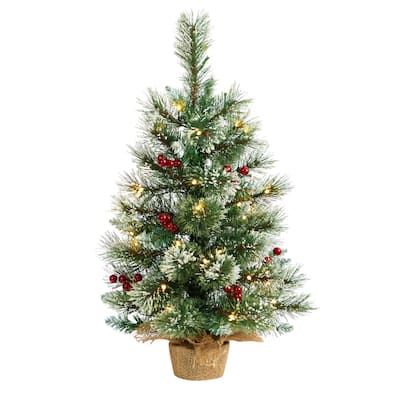 2ft. Snow Tipped Pine & Berry Artificial Christmas Tree with 35 Warm White LED Lights in Burlap Base - Rustic X-Mas Accent