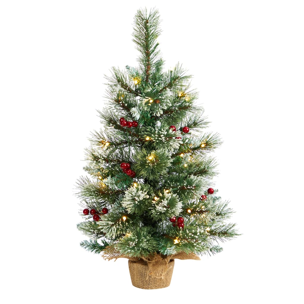 2ft. Snow Tipped Pine & Berry Artificial Christmas Tree with 35 Warm White LED Lights in Burlap Base - Rustic X-Mas Accent
