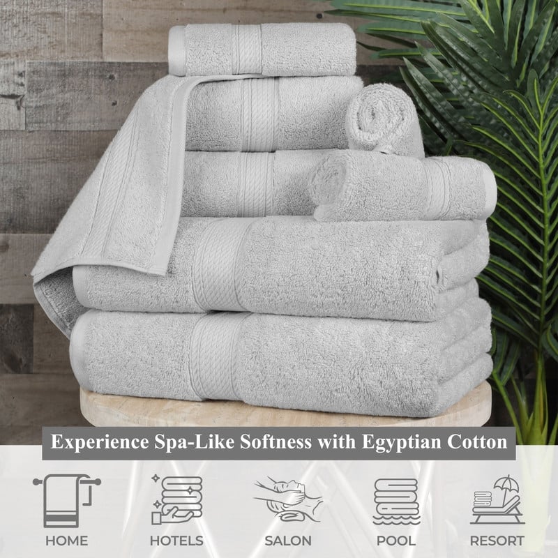 Superior Egyptian Cotton 8 Piece Towel Set Ultra Plush & Absorbent Bath, Hand & Face Towels, Heavyweight Spa Quality