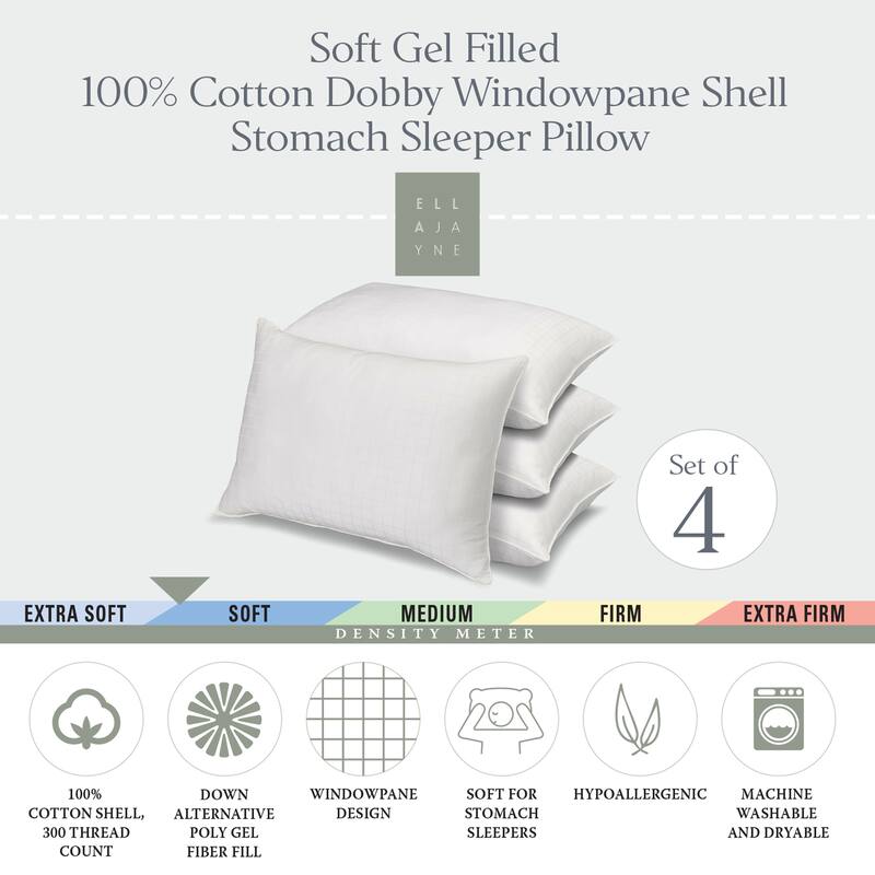 Overstuffed Gel Filled 100% Cotton Dobby-Box Shell Side/Back Sleeper Pillow, Set of 4