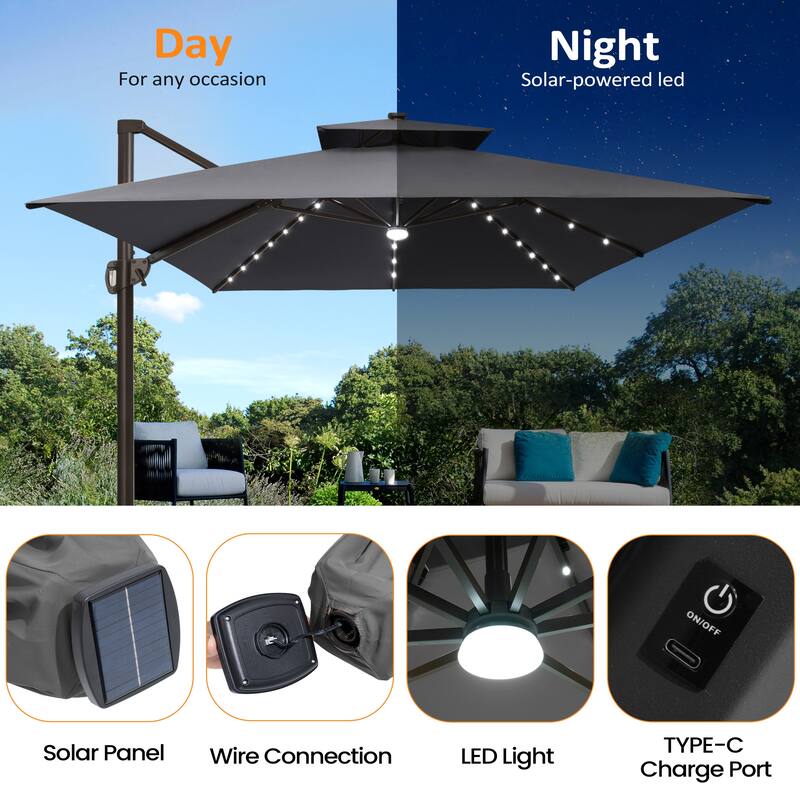 VredHom Solar LED Light 11FT Square Outdoor Cantilever Patio Umbrella without Base