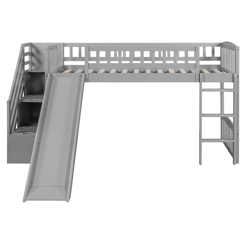 Stairway Twin Size Loft Bed with Two Drawers and Slide, Solid Wood Frame, Convertible Ladder, and Storage Space