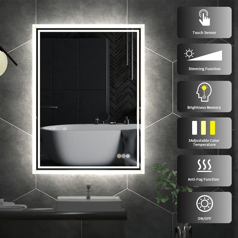 Illuminated Bathroom Mirror Anti-Fog Wall Mounted Dimmable Backlit