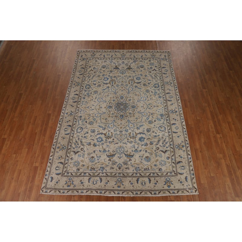 Floral Tabriz Persian Area Rug Beige Floral Handmade Wool Carpet - 7'2"x 10'5"