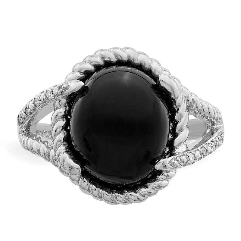 Curata 925 Sterling Silver Polished Simulated Onyx and Diamond Ring