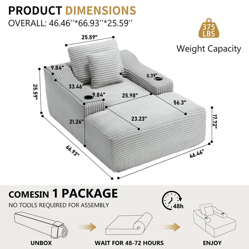 Roomfitters 67" Oversized Chaise Lounge, Corduroy Boneless Sleeper Sofa with Integrated Cup Holders