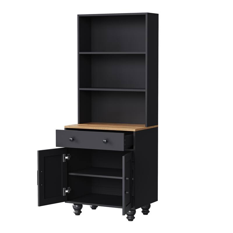 Storage Cabinet with 4 Solid Wood Gourd-Shaped Legs,Kitchen Pantry Cabinet with Adjustable Shelves,5 Tier Bookshelf with Drawer