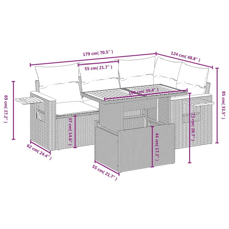 vidaXL Patio Sofa Set with Cushions Outdoor Furniture 5 Piece Poly Rattan