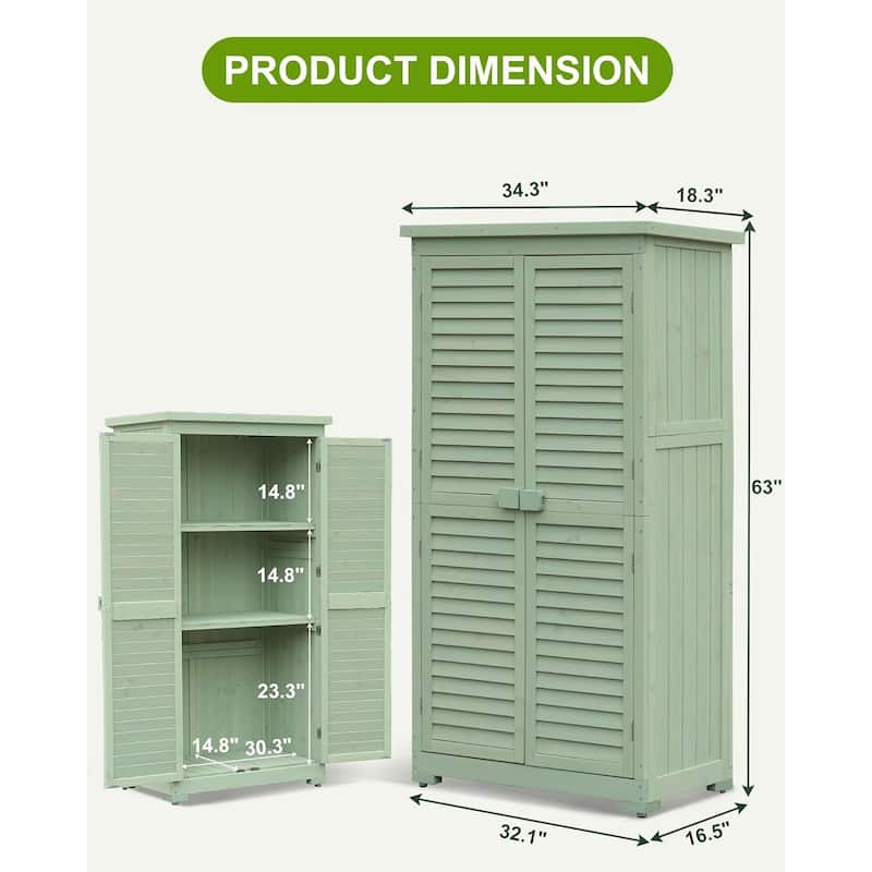 Outdoor Wooden Storage Cabinet with Waterproof Roof Shelves, Louvered Double Doors