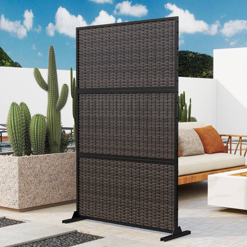 Outdoor Free Standing Metal Privacy Screen - Rattan - Gray Brown-Rattan