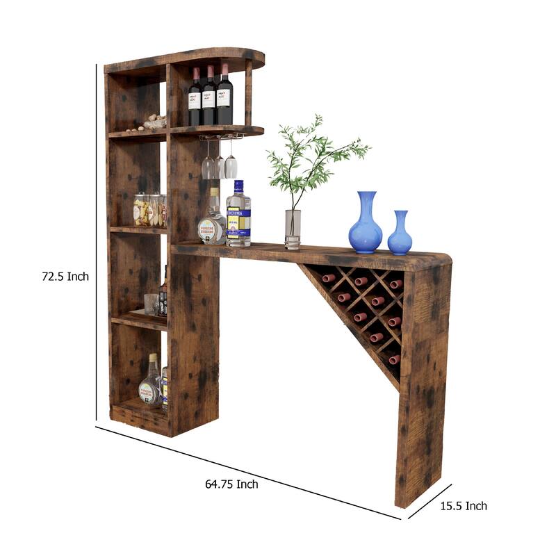 Bar Height Table, Glass Racks w Bottle Holders, 73 Inch Classic Brown