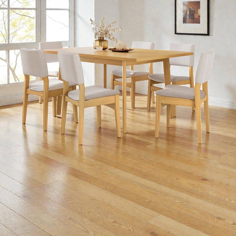 7-Piece Modern Dining Set with Solid Wood Table and Beige Upholstered Linen Chairs, Space-Saving Stackable Design