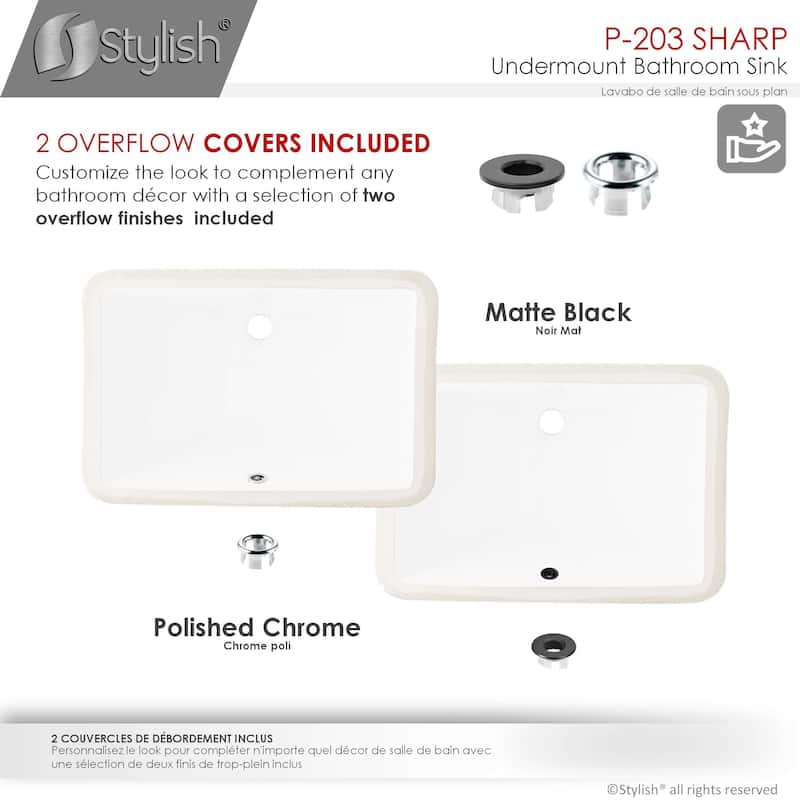 STYLISH Porcelain Rectangular 21 inches Undermount Ceramic Bathroom Sink with Overflow