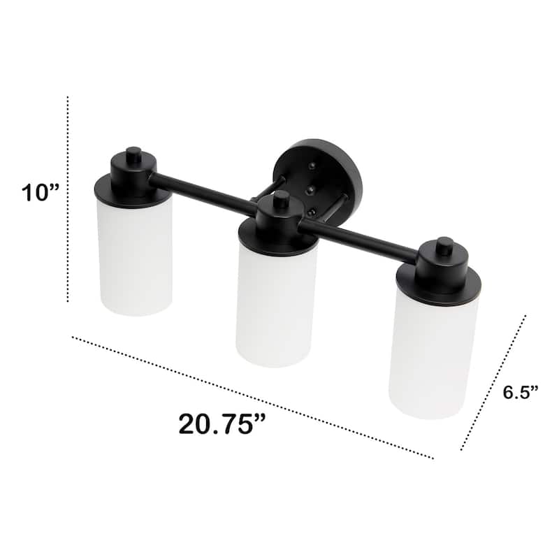 3-Light Vanity Light Fixture - Metal & Glass Shade Wall Sconce - Bathroom, Hallway, Entryway Lighting - Black Finish - 7.5