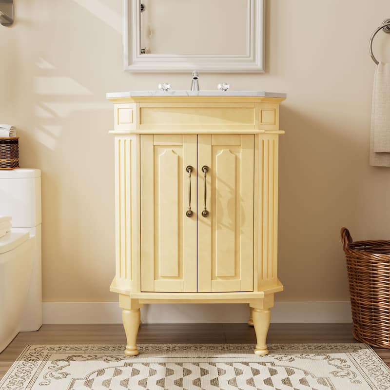 Elegant 24-Inch European Bathroom Vanity with Gold Accents and Marble-Style Sink