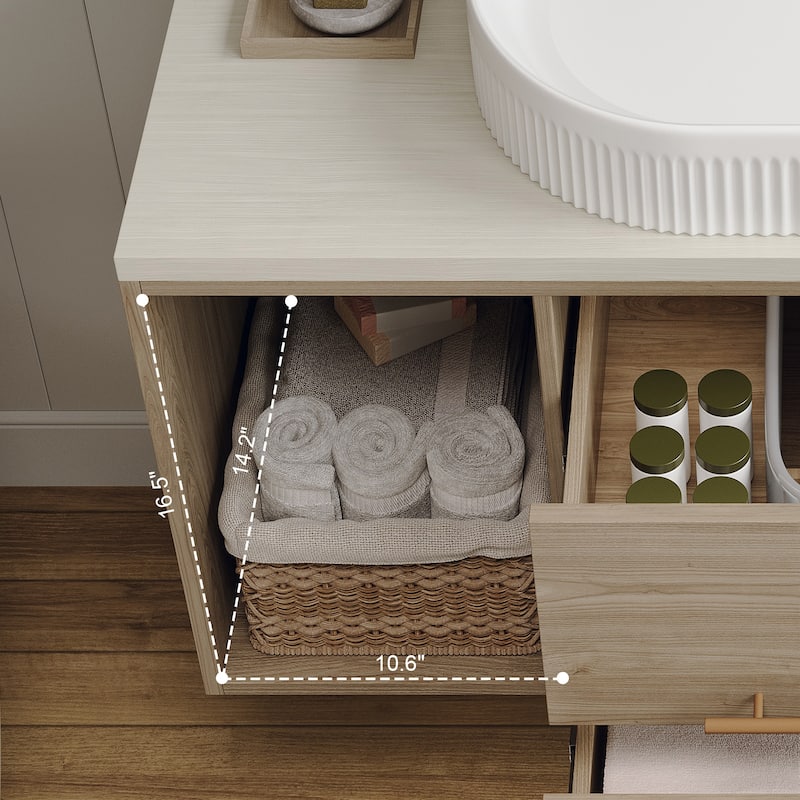 38.2 Wall-Mounted Bathroom Vanity With Oval Ceramic Sink Floating Vanity Multi-Layer Cabinet Soft-Close Drawers Open Shelf