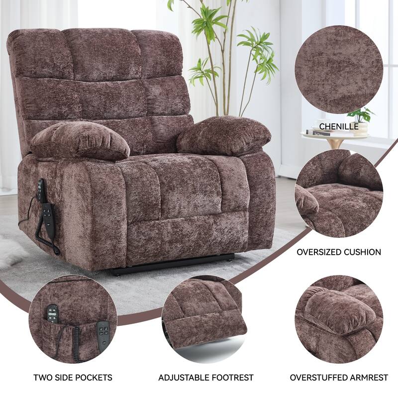 Oversized Chenille Power Lift Recliner Chair with Massage and Lumbar Heating, Charging Port, 180° Lying Flat