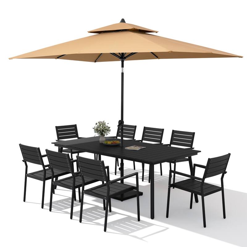 11PC Outdoor Patio Dining Set WoodLike Aluminum Umbrella Hole Table with Stackable Armchairs,Double Top Market Umbrella and Base