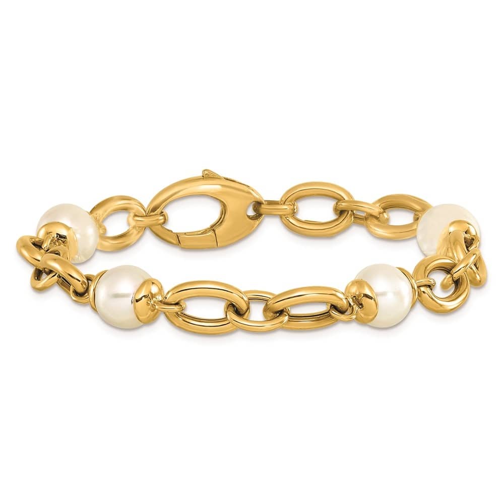Curata 14k Yellow Gold Italian 7.75" 8.75mm Cultured Pearl and Oval Links Bracelet