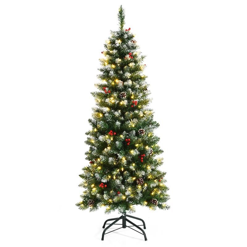 Gymax 5/6/7 FT Pre-lit Hinged Christmas Tree Artificial Pencil Xmas - 5 Foot