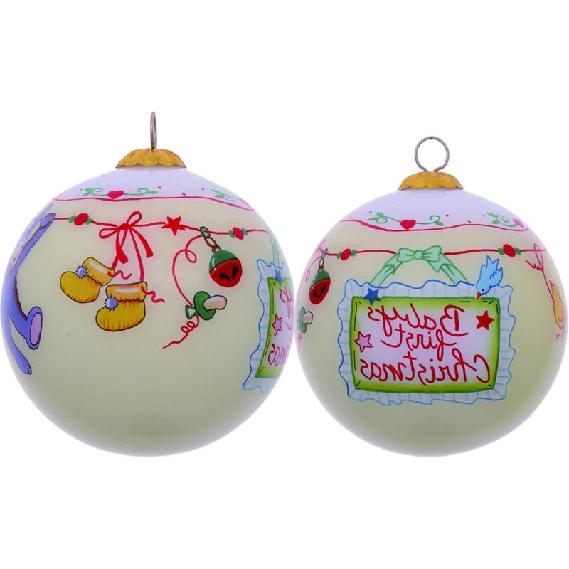 HomeRoots Baby's First Christmas with Motifs Hand Painted Mouth Blown Glass Ornament - 3