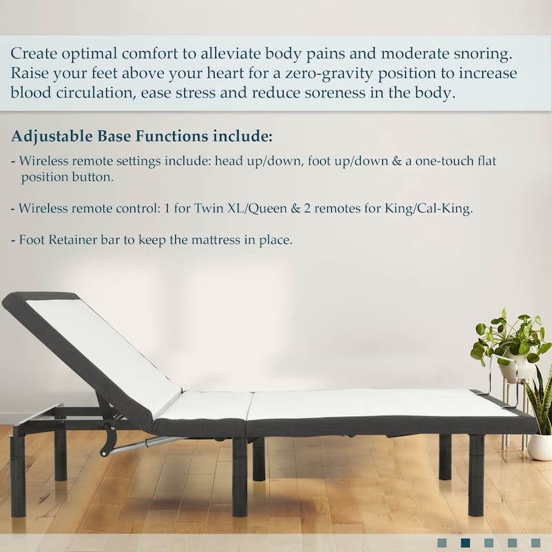 15" Adjustable bed base With Zero gravity, Head and foot incline, Wireless remote and Foot Retainer Bar.